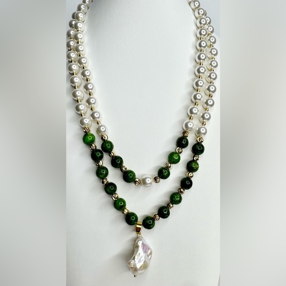 Bohemian Style (Two Pieces) Pearls and Natural Green Bead Necklace. - Picture 1 of 6